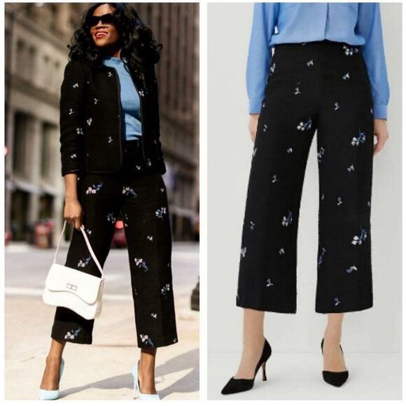 Ann Taylor Womens Tweed Dress Pants Ankle Black Blue Floral Embroidered Size 8 - Picture 1 of 7
